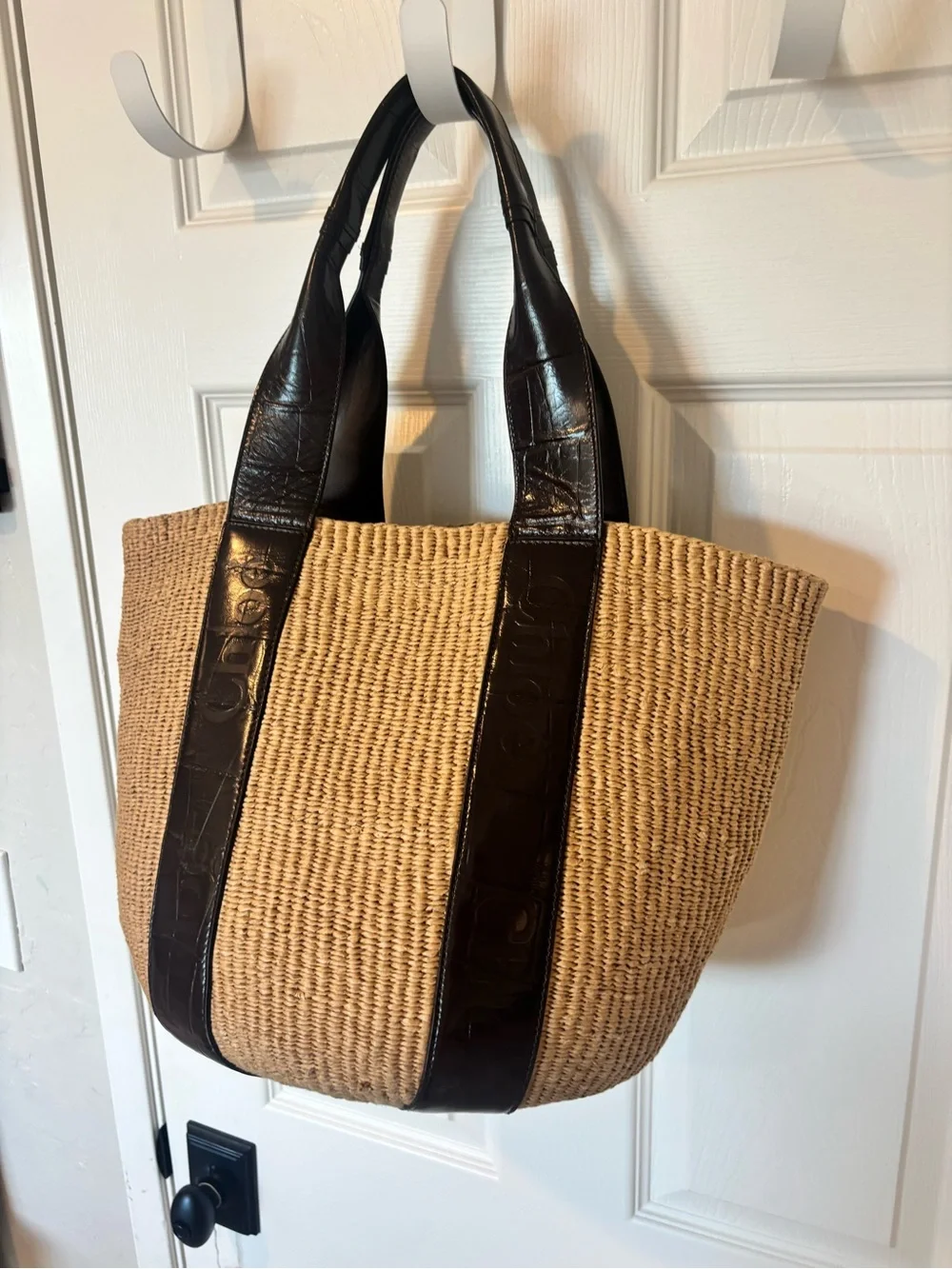 Chloe Tan Straw Tote with Dark Brown Leather Straps